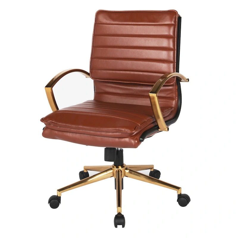 Chaise de bureau mi-hauteur en similicuir avec piètement et accoudoirs dorés, marine / havane / noir / crème