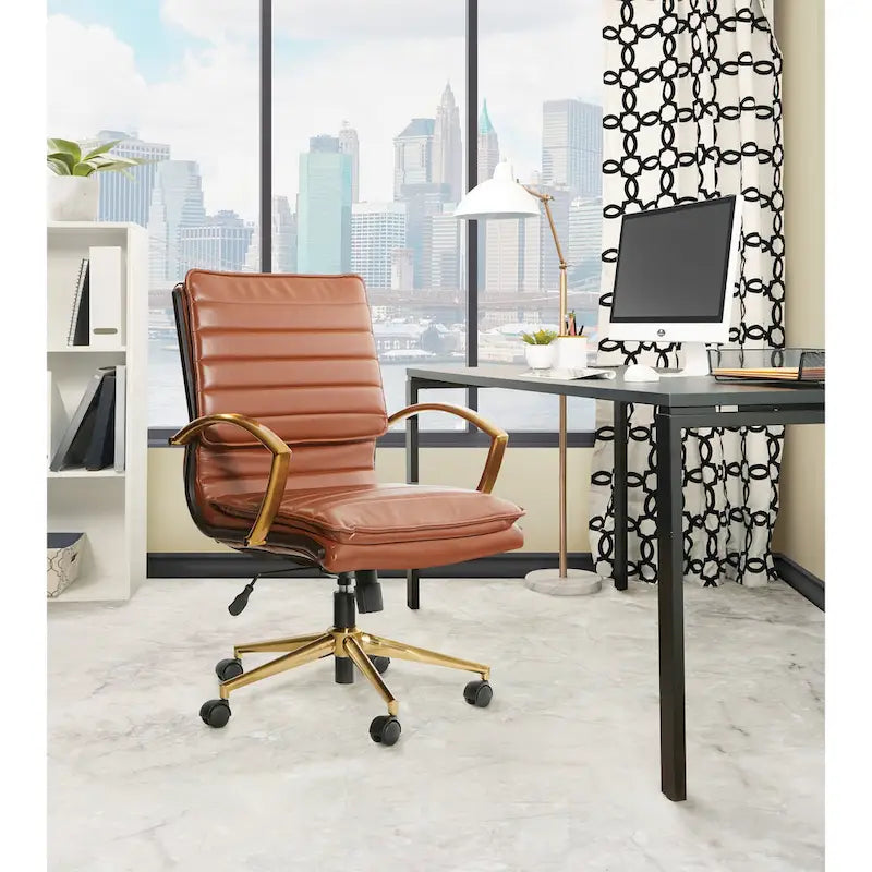 Chaise de bureau mi-hauteur en similicuir avec piètement et accoudoirs dorés, marine / havane / noir / crème