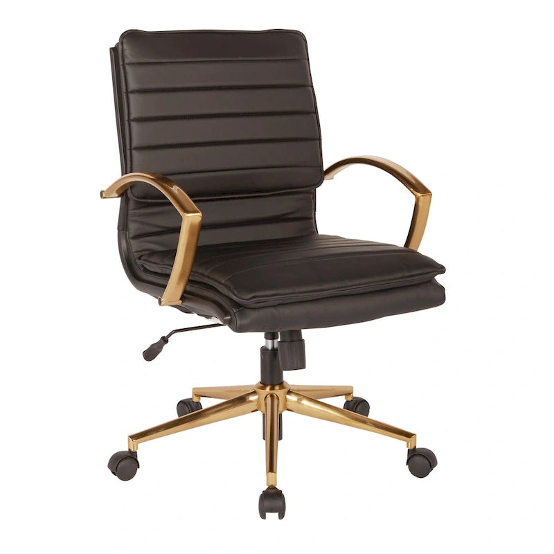 Chaise de bureau mi-hauteur en similicuir avec piètement et accoudoirs dorés, marine / havane / noir / crème
