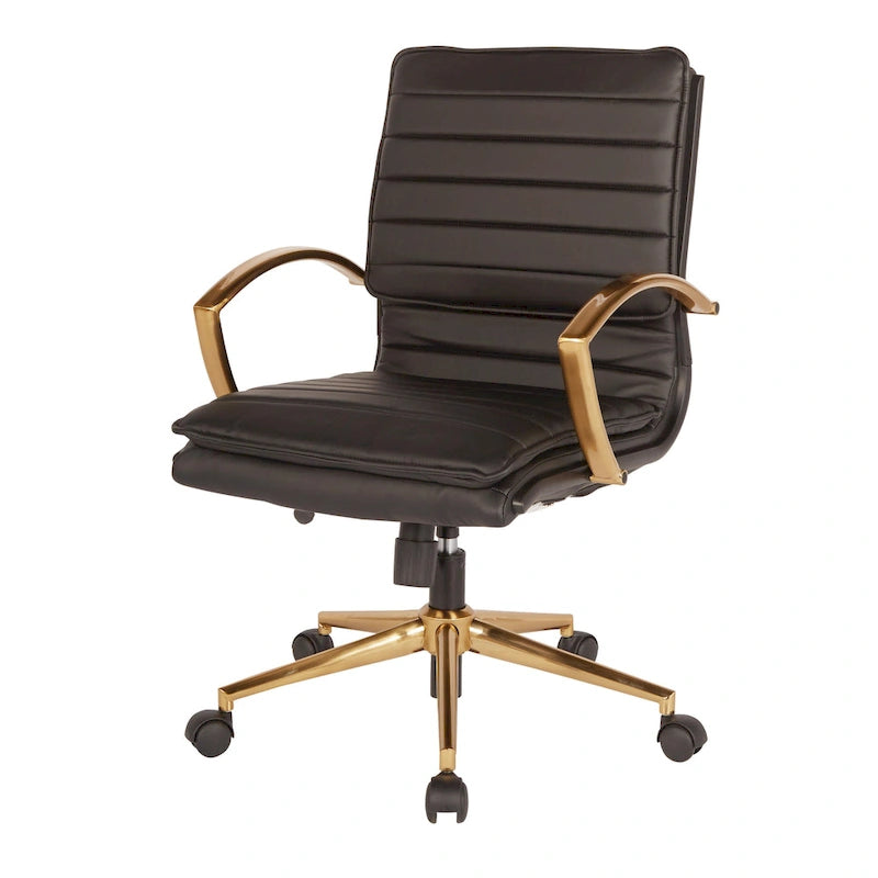 Chaise de bureau mi-hauteur en similicuir avec piètement et accoudoirs dorés, marine / havane / noir / crème