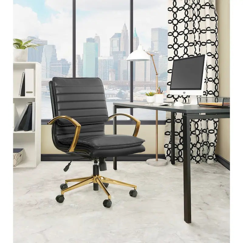 Chaise de bureau mi-hauteur en similicuir avec piètement et accoudoirs dorés, marine / havane / noir / crème