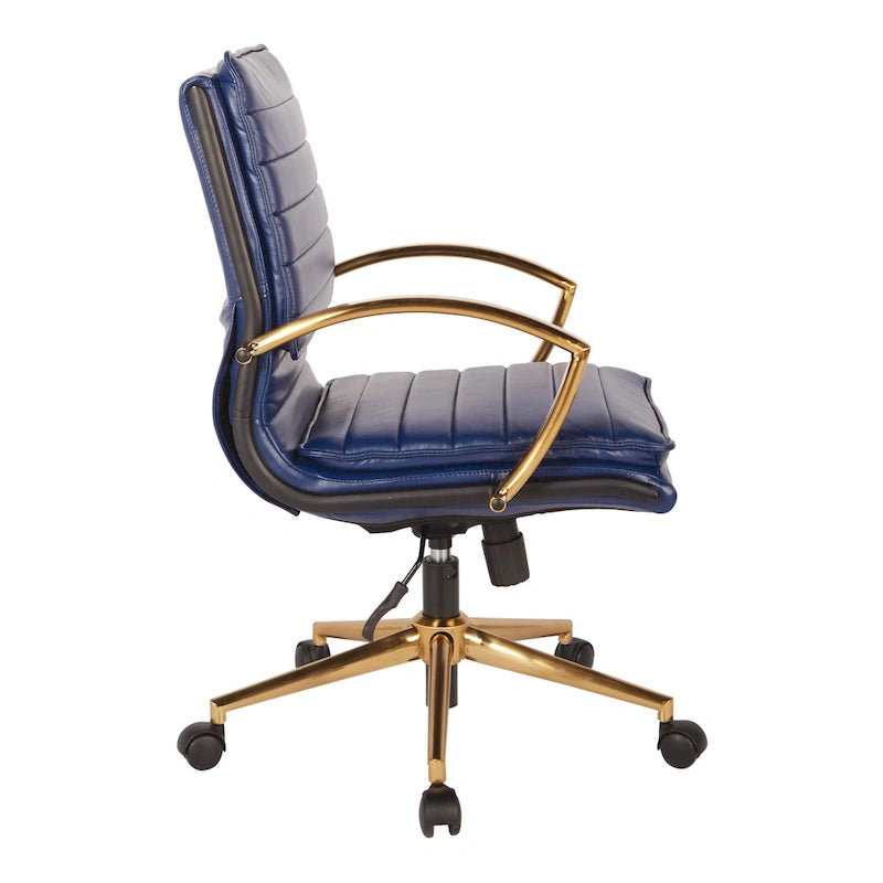 Chaise de bureau mi-hauteur en similicuir avec piètement et accoudoirs dorés, marine / havane / noir / crème