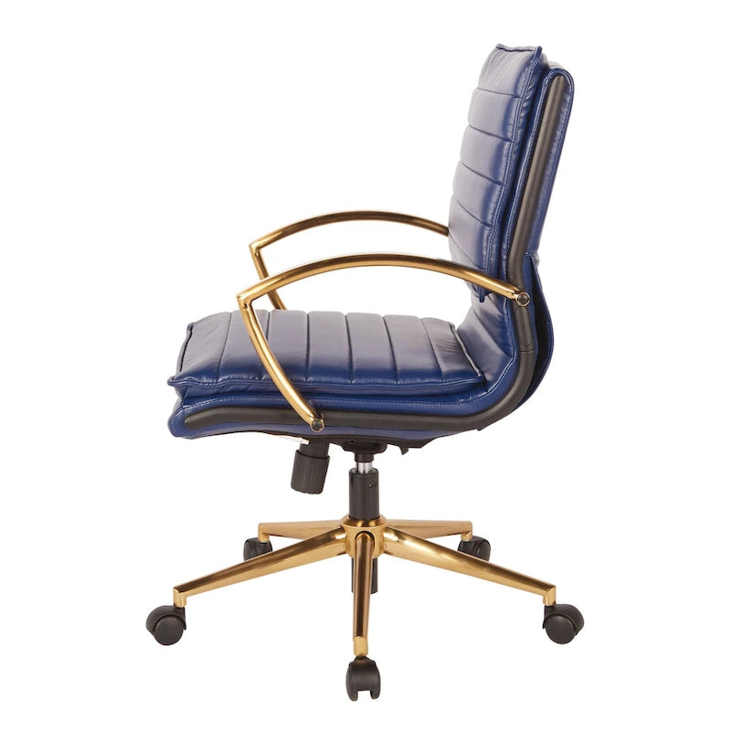 Chaise de bureau mi-hauteur en similicuir avec piètement et accoudoirs dorés, marine / havane / noir / crème