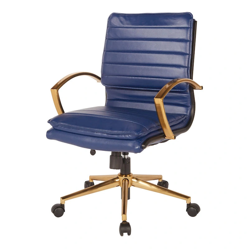 Chaise de bureau mi-hauteur en similicuir avec piètement et accoudoirs dorés, marine / havane / noir / crème