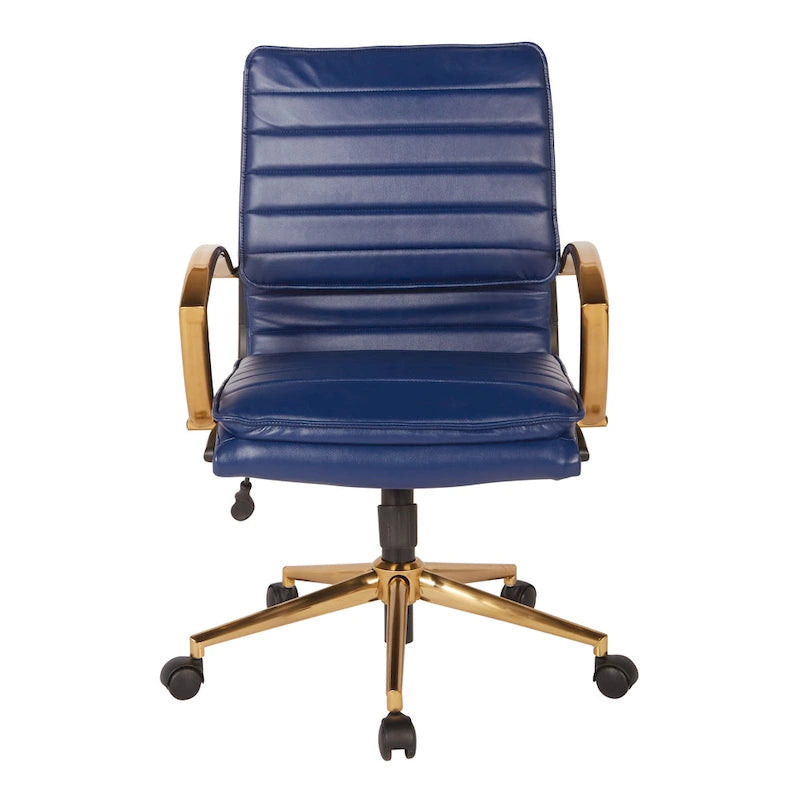 Chaise de bureau mi-hauteur en similicuir avec piètement et accoudoirs dorés, marine / havane / noir / crème