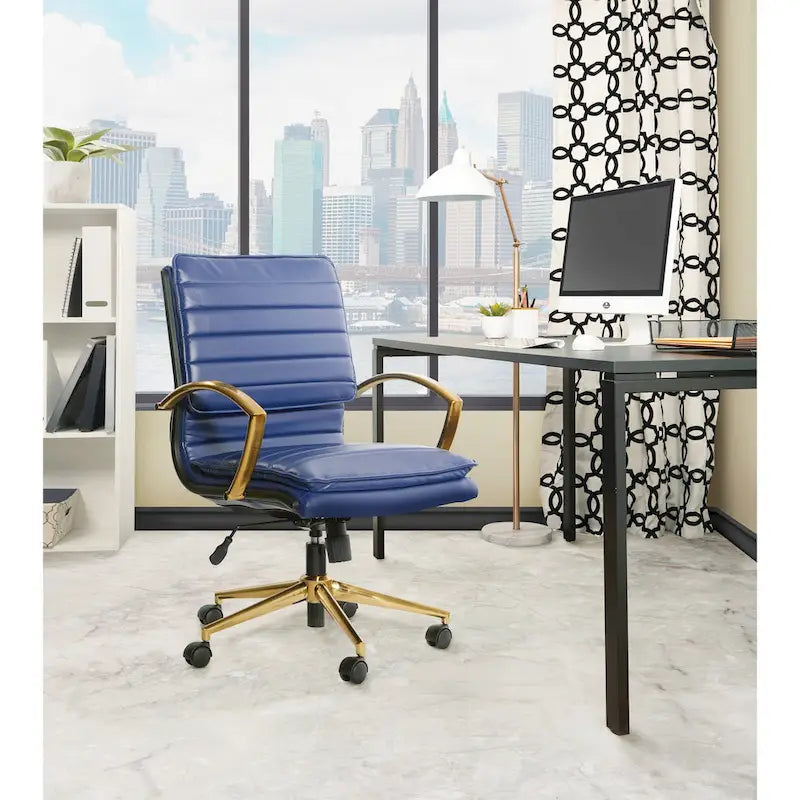 Chaise de bureau mi-hauteur en similicuir avec piètement et accoudoirs dorés, marine / havane / noir / crème