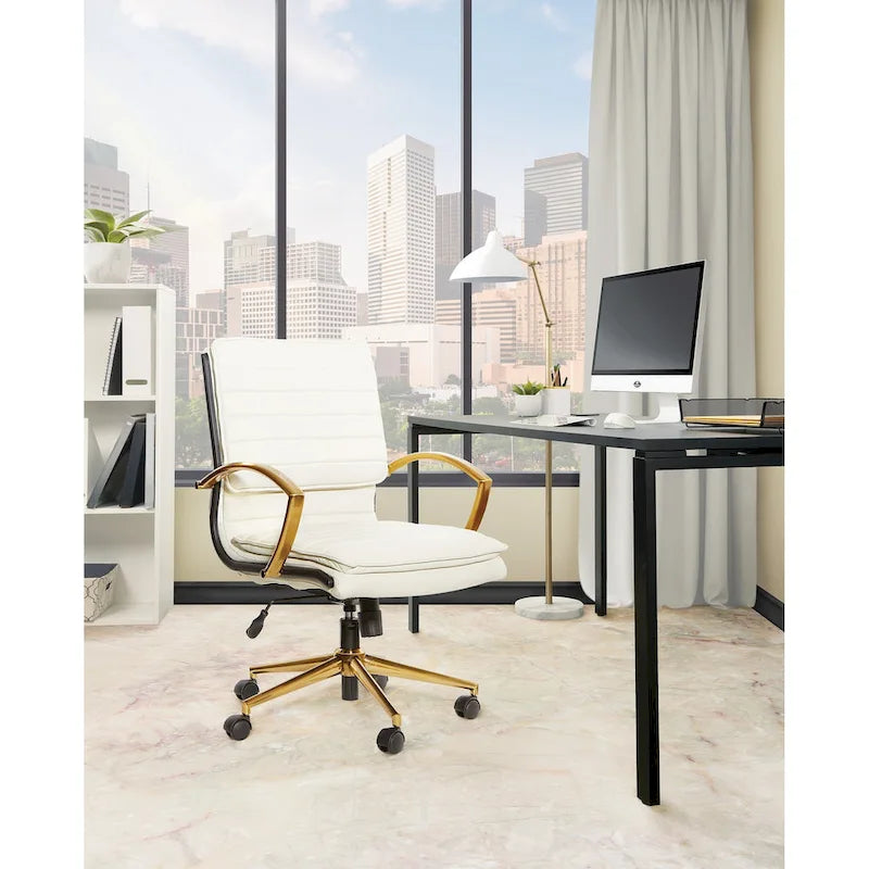 Chaise de bureau mi-hauteur en similicuir avec piètement et accoudoirs dorés, marine / havane / noir / crème