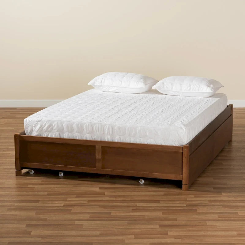 Cadre de lit plateforme avec 4 tiroirs de rangement, Noyer Brun, Double / Queen / King
