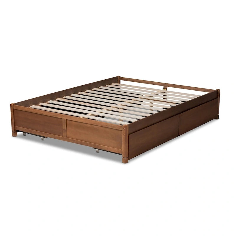 Cadre de lit plateforme avec 4 tiroirs de rangement, Noyer Brun, Double / Queen / King