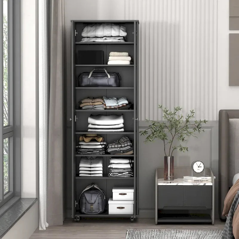 Armoire de rangement à deux portes avec 8 étagères réglables et roulettes, noir/blanc
