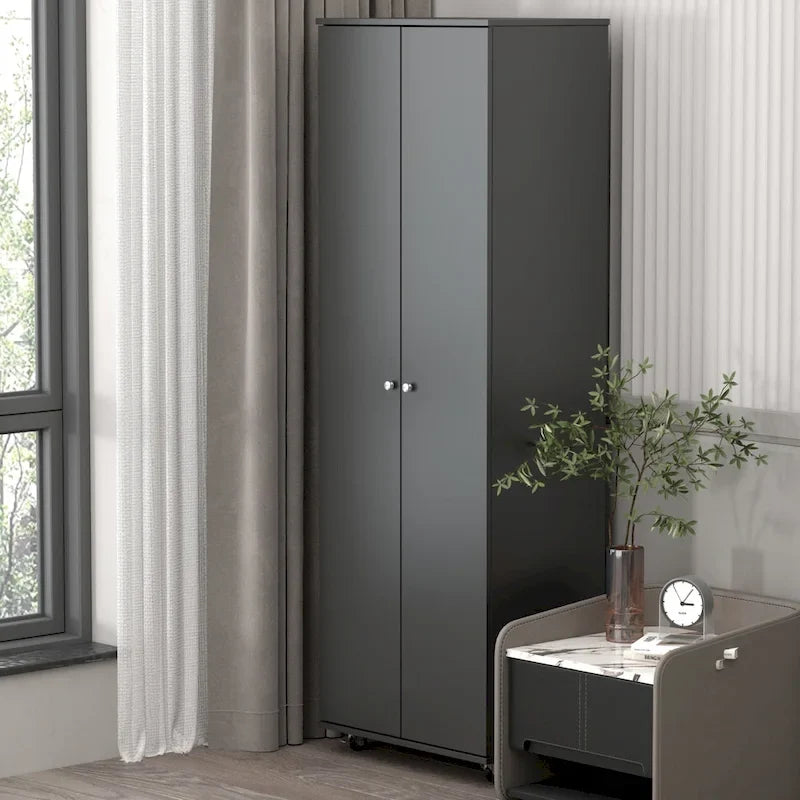 Armoire de rangement à deux portes avec 8 étagères réglables et roulettes, noir/blanc