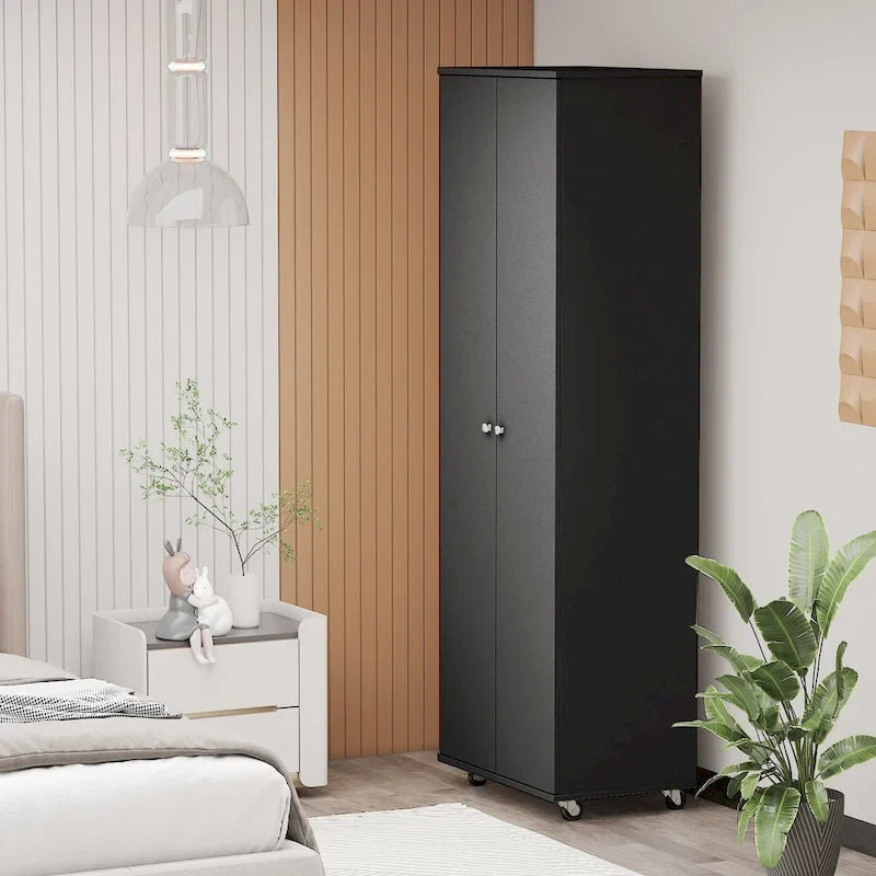 Armoire de rangement à deux portes avec 8 étagères réglables et roulettes, noir/blanc