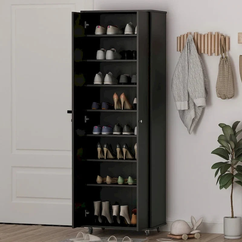 Armoire de rangement à deux portes avec 8 étagères réglables et roulettes, noir/blanc