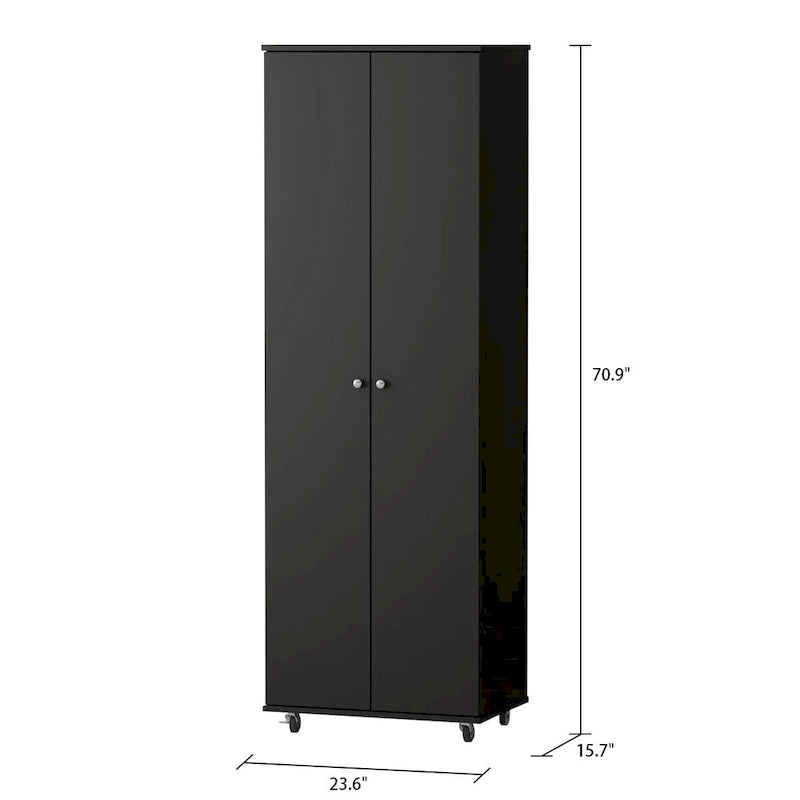 Armoire de rangement à deux portes avec 8 étagères réglables et roulettes, noir/blanc