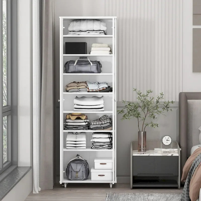 Armoire de rangement à deux portes avec 8 étagères réglables et roulettes, noir/blanc