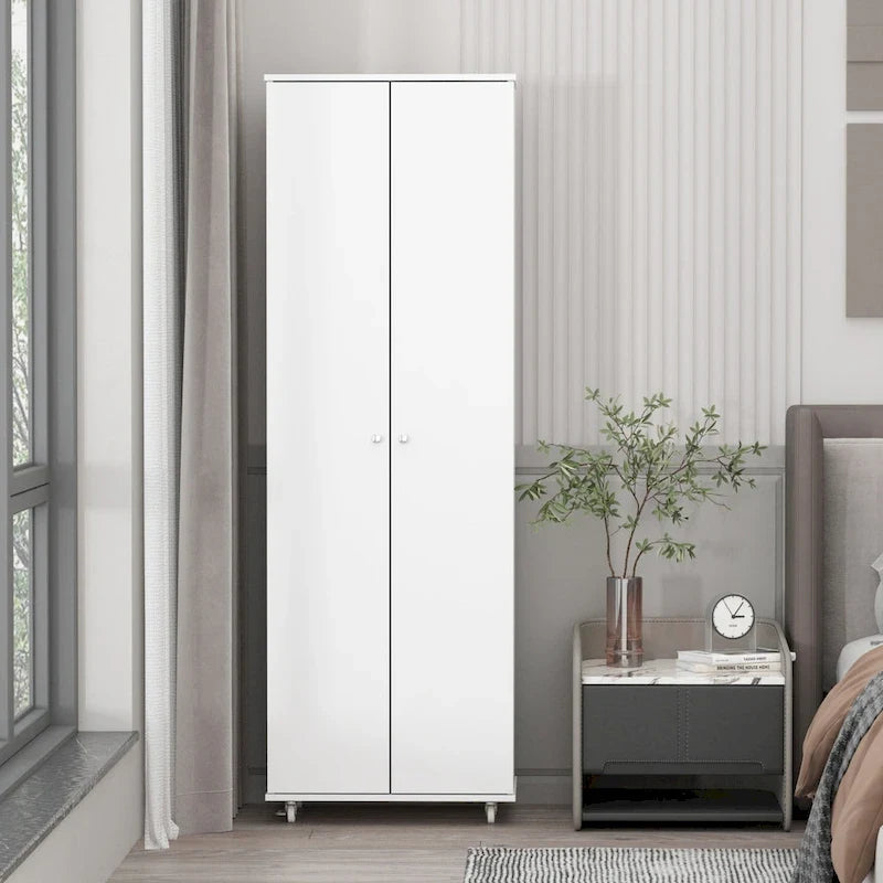 Armoire de rangement à deux portes avec 8 étagères réglables et roulettes, noir/blanc