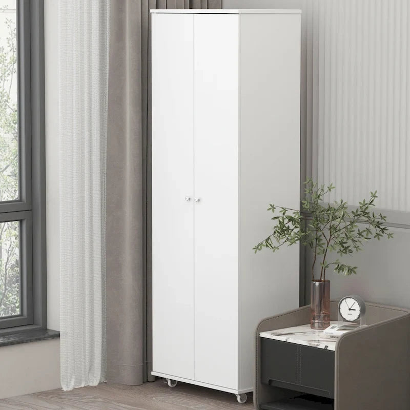 Armoire de rangement à deux portes avec 8 étagères réglables et roulettes, noir/blanc
