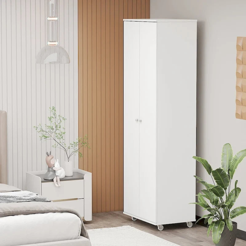 Armoire de rangement à deux portes avec 8 étagères réglables et roulettes, noir/blanc