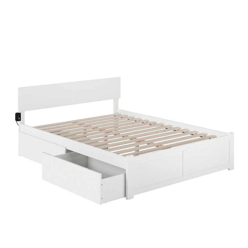Lit plateforme à panneaux avec tête de lit réglable, 2 tiroirs de rangement et recharge USB, blanc, grand lit