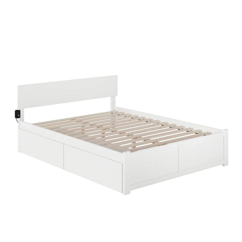 Lit plateforme à panneaux avec tête de lit réglable, 2 tiroirs de rangement et recharge USB, blanc, grand lit