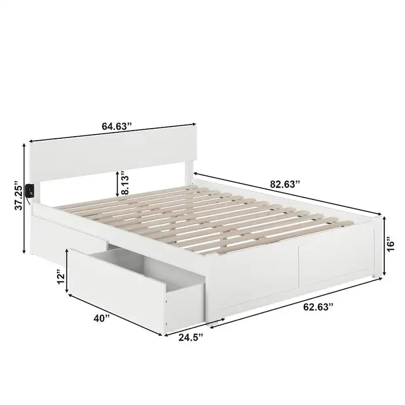 Lit plateforme à panneaux avec tête de lit réglable, 2 tiroirs de rangement et recharge USB, blanc, grand lit