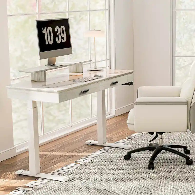 Bureau électrique à hauteur réglable en pierre frittée de 55" avec 2 tiroirs et support d'écran, blanc/noir