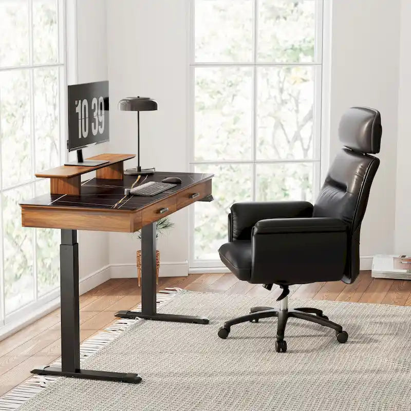 Bureau électrique à hauteur réglable en pierre frittée de 55" avec 2 tiroirs et support d'écran, blanc/noir