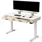 Bureau électrique à hauteur réglable en pierre frittée de 55" avec 2 tiroirs et support d'écran, blanc/noir