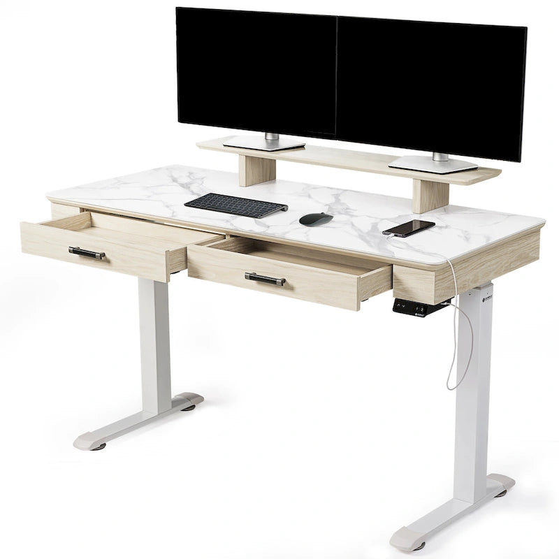 Bureau électrique à hauteur réglable en pierre frittée de 55" avec 2 tiroirs et support d'écran, blanc/noir
