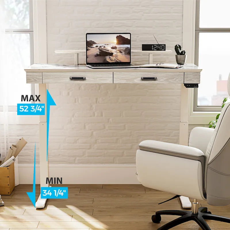 Bureau électrique à hauteur réglable en pierre frittée de 55" avec 2 tiroirs et support d'écran, blanc/noir