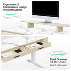 Bureau électrique à hauteur réglable en pierre frittée de 55" avec 2 tiroirs et support d'écran, blanc/noir