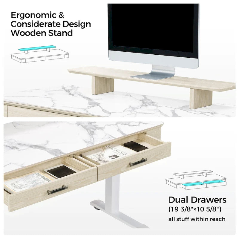 Bureau électrique à hauteur réglable en pierre frittée de 55" avec 2 tiroirs et support d'écran, blanc/noir