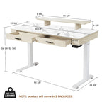 Bureau électrique à hauteur réglable en pierre frittée de 55" avec 2 tiroirs et support d'écran, blanc/noir