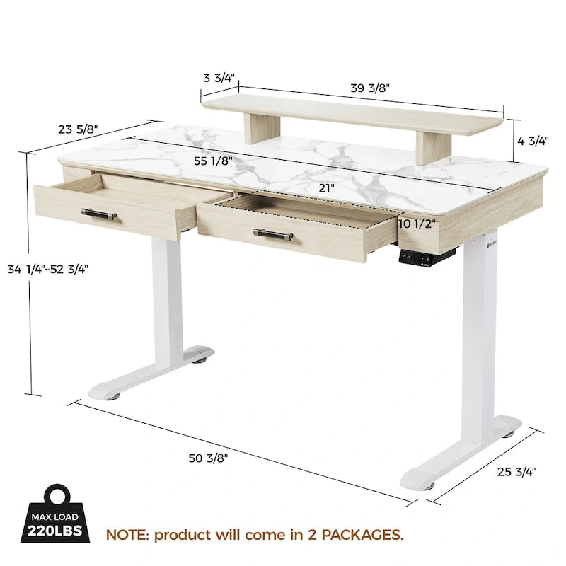 Bureau électrique à hauteur réglable en pierre frittée de 55" avec 2 tiroirs et support d'écran, blanc/noir