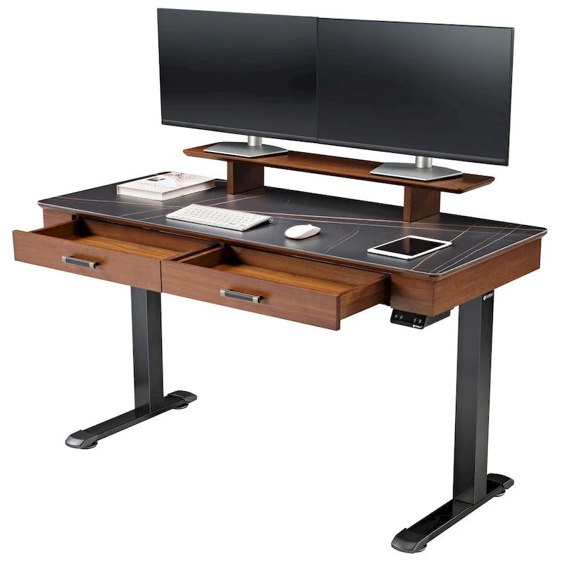 Bureau électrique à hauteur réglable en pierre frittée de 55" avec 2 tiroirs et support d'écran, blanc/noir