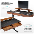 Bureau électrique à hauteur réglable en pierre frittée de 55" avec 2 tiroirs et support d'écran, blanc/noir