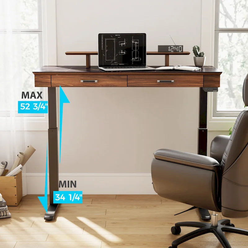 Bureau électrique à hauteur réglable en pierre frittée de 55" avec 2 tiroirs et support d'écran, blanc/noir