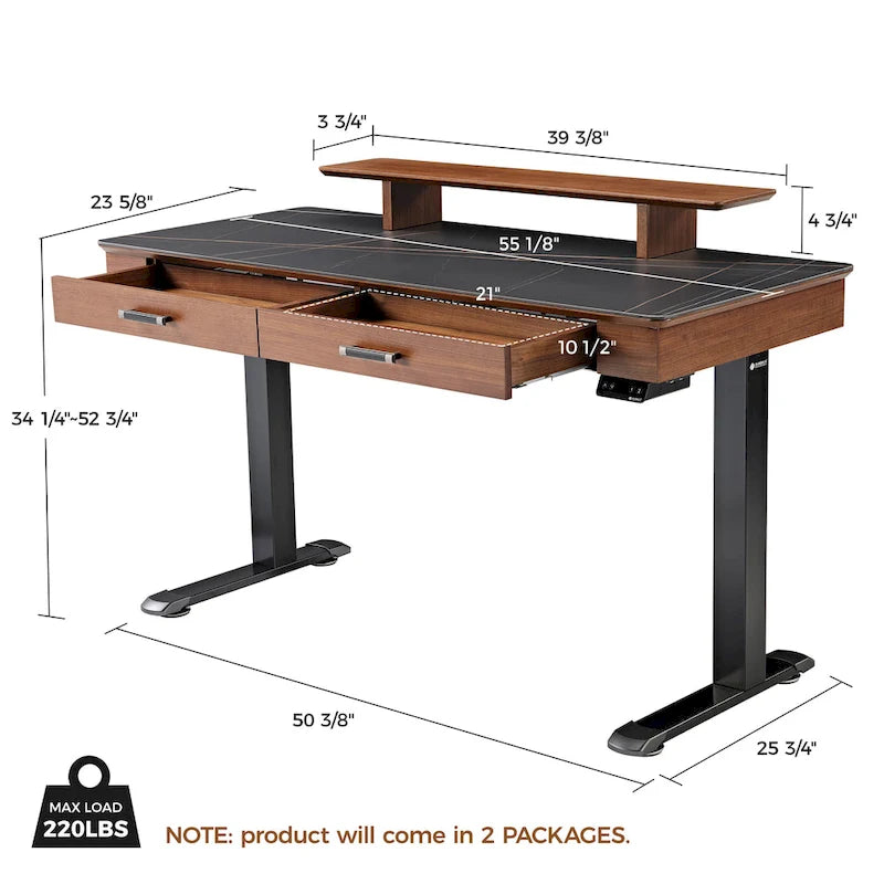 Bureau électrique à hauteur réglable en pierre frittée de 55" avec 2 tiroirs et support d'écran, blanc/noir