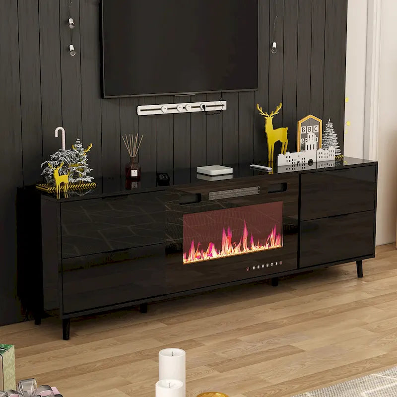 Meuble TV en MDF de 70,8" avec insert de cheminée électrique encastrable de 30" en option, blanc brillant