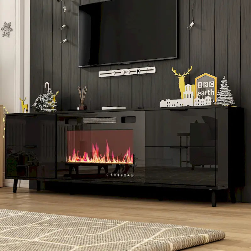 Meuble TV en MDF de 70,8" avec insert de cheminée électrique encastrable de 30" en option, blanc brillant