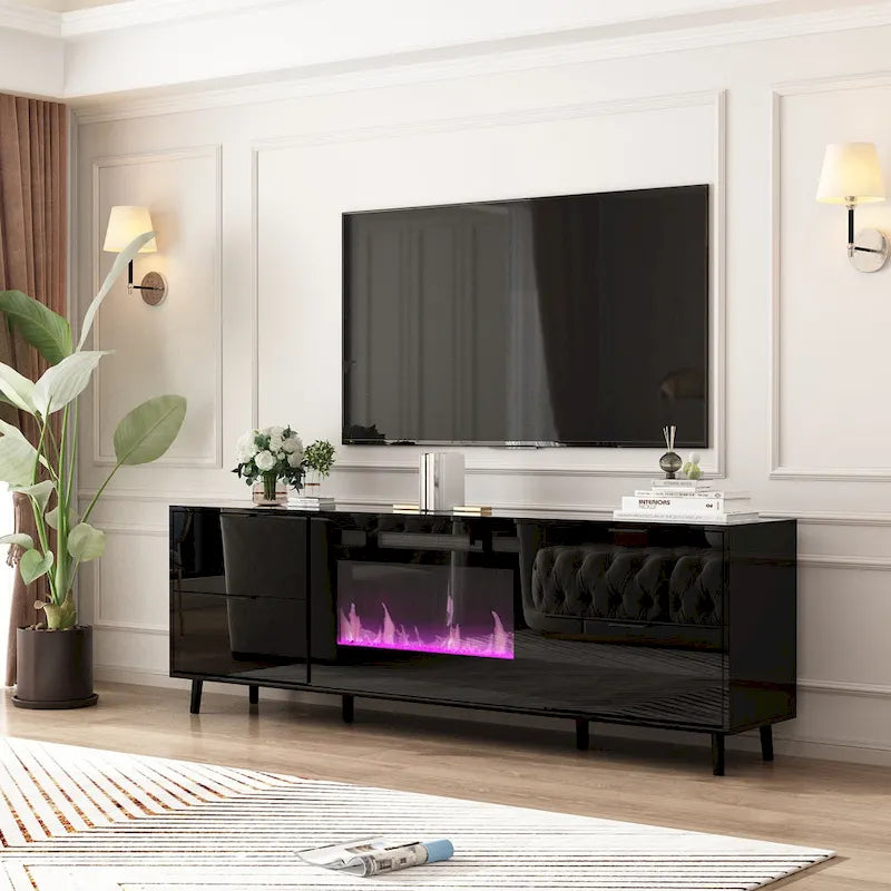 Meuble TV en MDF de 70,8" avec insert de cheminée électrique encastrable de 30" en option, blanc brillant
