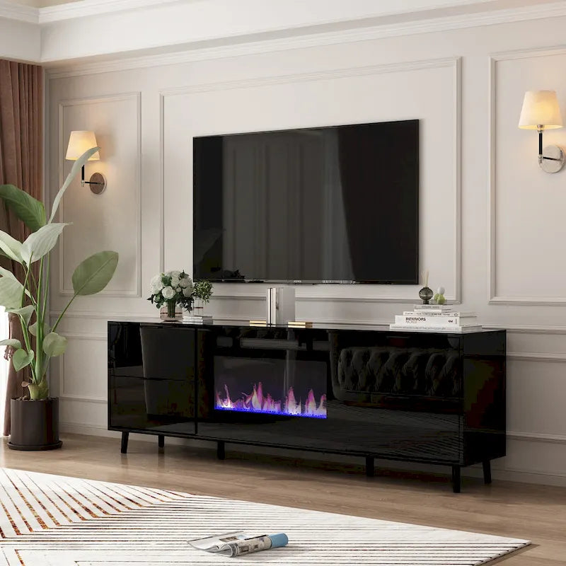 Meuble TV en MDF de 70,8" avec insert de cheminée électrique encastrable de 30" en option, blanc brillant