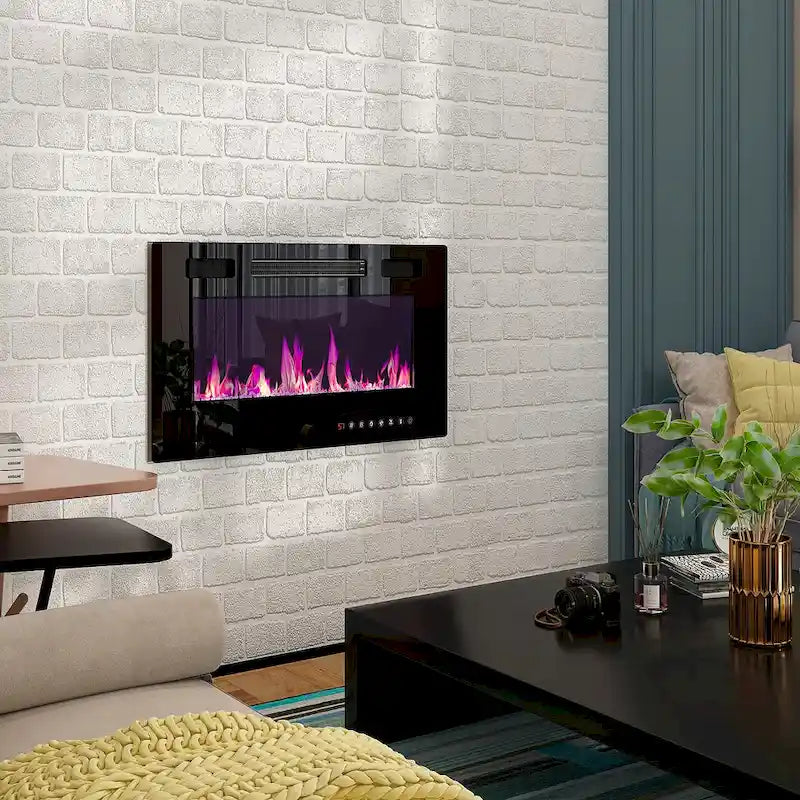 Meuble TV en MDF de 70,8" avec insert de cheminée électrique encastrable de 30" en option, blanc brillant