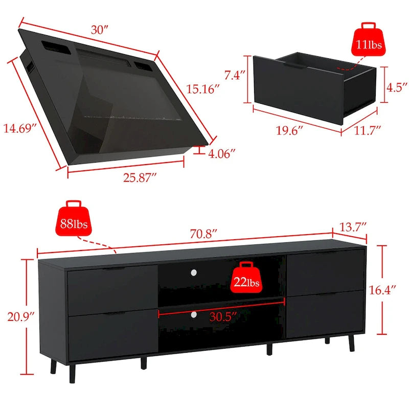 Meuble TV en MDF de 70,8" avec insert de cheminée électrique encastrable de 30" en option, blanc brillant