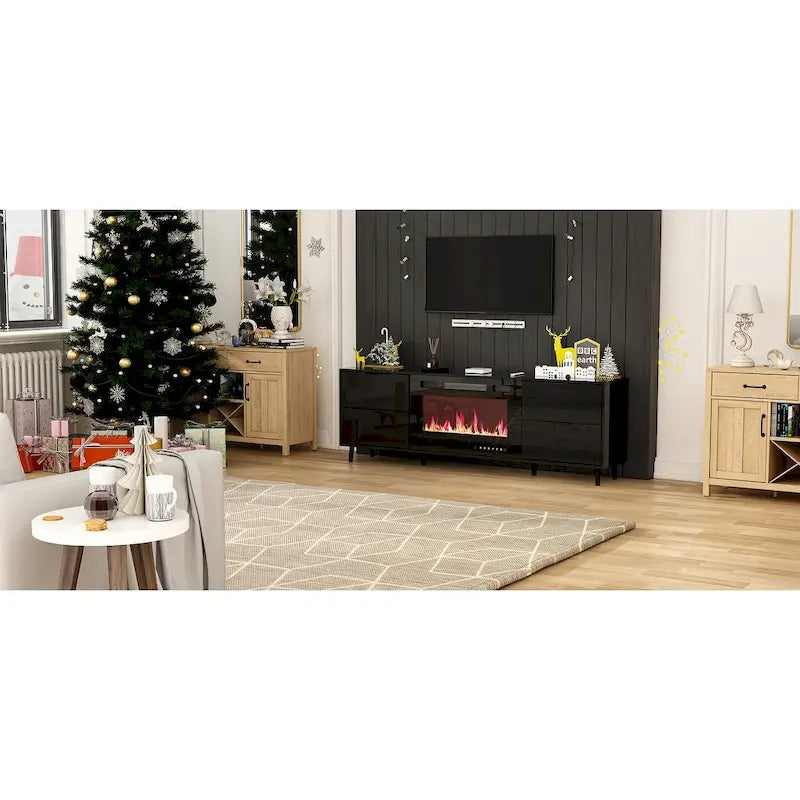 Meuble TV en MDF de 70,8" avec insert de cheminée électrique encastrable de 30" en option, blanc brillant