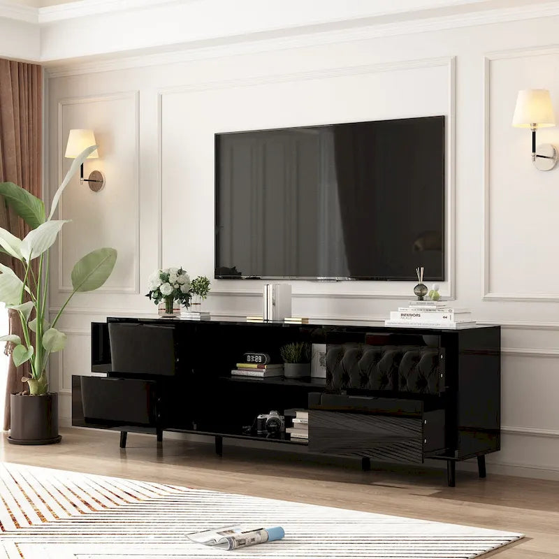 Meuble TV en MDF de 70,8" avec insert de cheminée électrique encastrable de 30" en option, blanc brillant