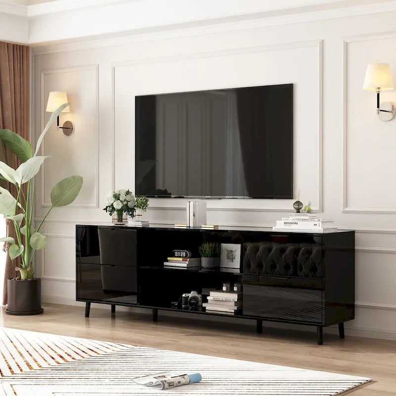 Meuble TV en MDF de 70,8" avec insert de cheminée électrique encastrable de 30" en option, blanc brillant