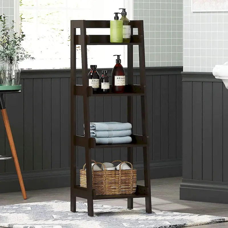 Étagère échelle autoportante à 4 niveaux avec panneaux de support latéraux et arrière, Blanc / Espresso