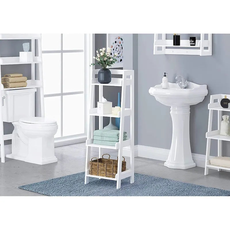 Étagère échelle autoportante à 4 niveaux avec panneaux de support latéraux et arrière, Blanc / Espresso