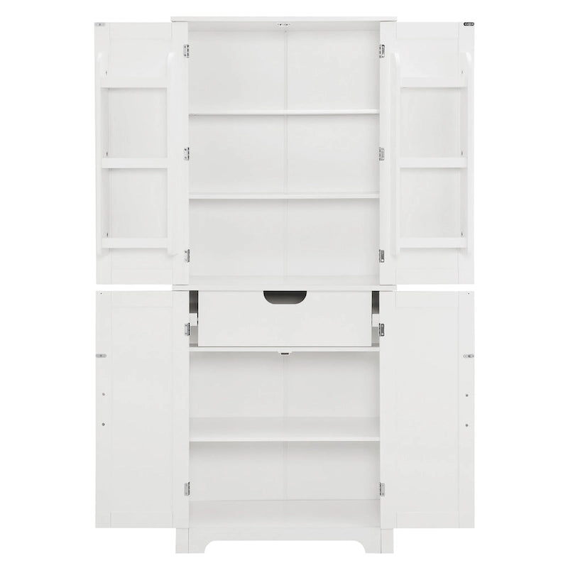 Meuble de salle de bain haut avec étagères fixes, étagère réglable et tiroir, finition bois / blanc